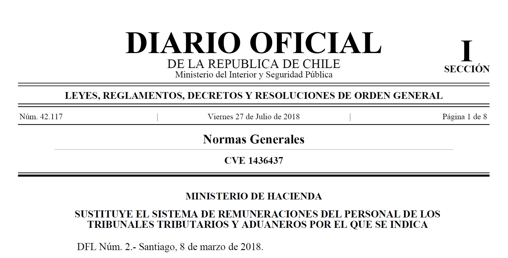 Diario Oficial publica DFL N° 2 que sustituye el sistema de remuneraciones del personal de los Tribunales Tributarios y Aduaneros